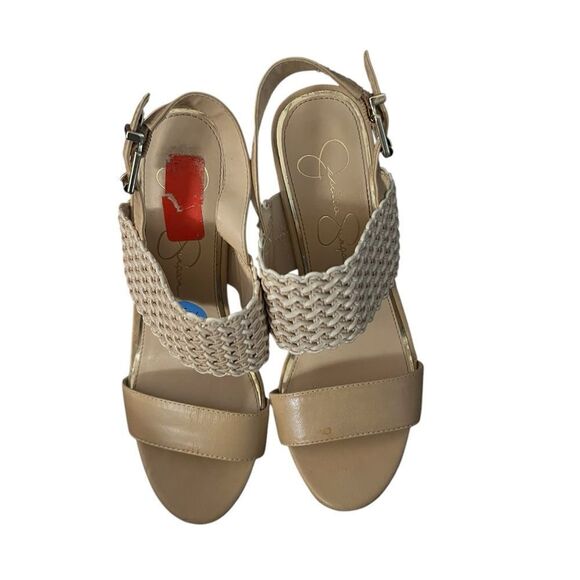 Tan Block Heel Sandals with Woven Straps - Picture 2 of 5